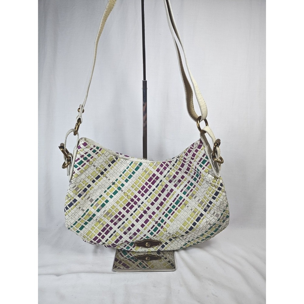 Elliott Lucca woven Leather Satchel Shoulder Bag off white purple green yellow